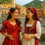 Two women in red and burgundy traditional dresses chat and smile by a sunlit harbor with pastel buildings and boats in the background, hillside beyond.
