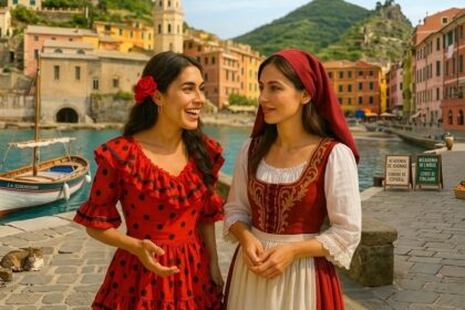 Two women in red and burgundy traditional dresses chat and smile by a sunlit harbor with pastel buildings and boats in the background, hillside beyond.