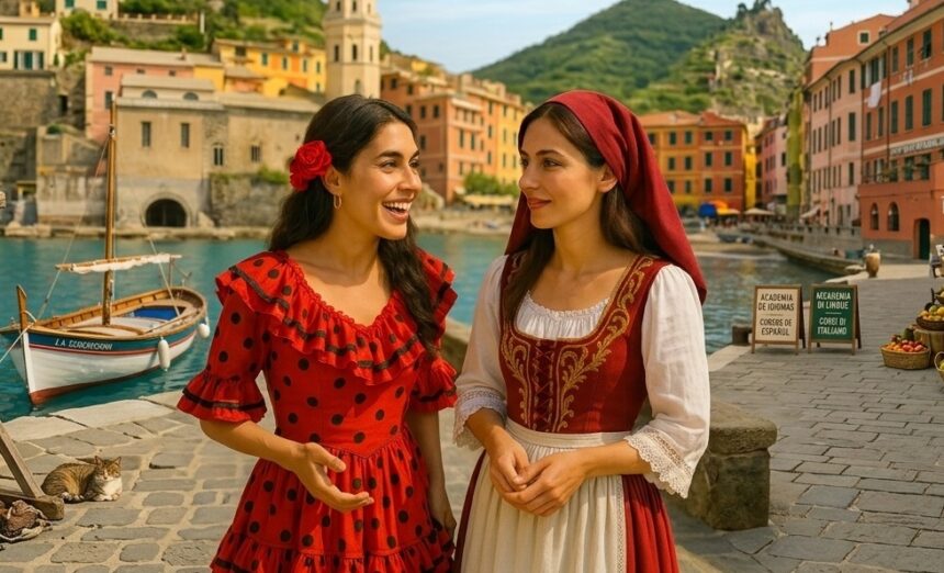 spanish and italian speaking by Polyglottist Language Academy FIXX - Mabur.co Two women in red and burgundy traditional dresses chat and smile by a sunlit harbor with pastel buildings and boats in the background, hillside beyond.