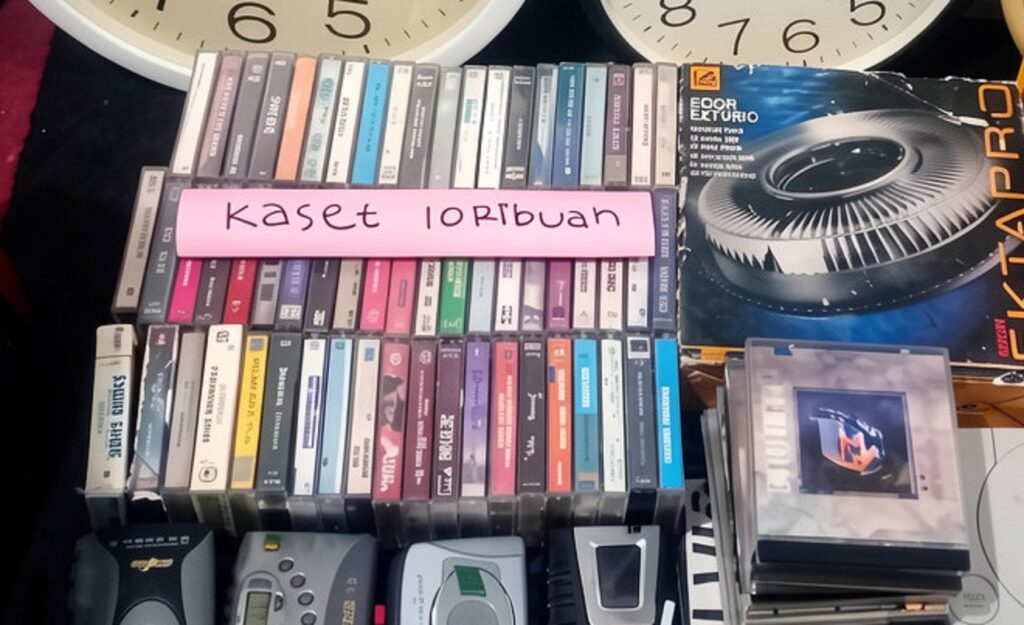 Row of colorful audio cassette tapes on a shelf with a pink handwritten label across them.