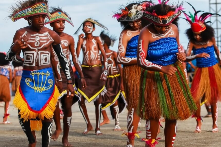 Dancers in colorful traditional costumes with body paint perform on a sandy beach.