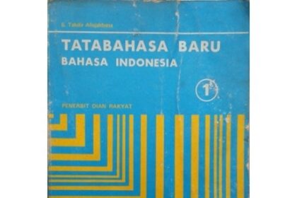 Old Indonesian grammar book cover: 'Tatabahasa Baru Bahasa Indonesia' on a blue cover with a yellow geometric pattern