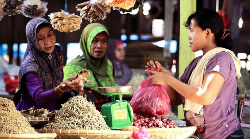 Women at a busy market stall choose and bag produce; a green scale sits on the counter nearby.