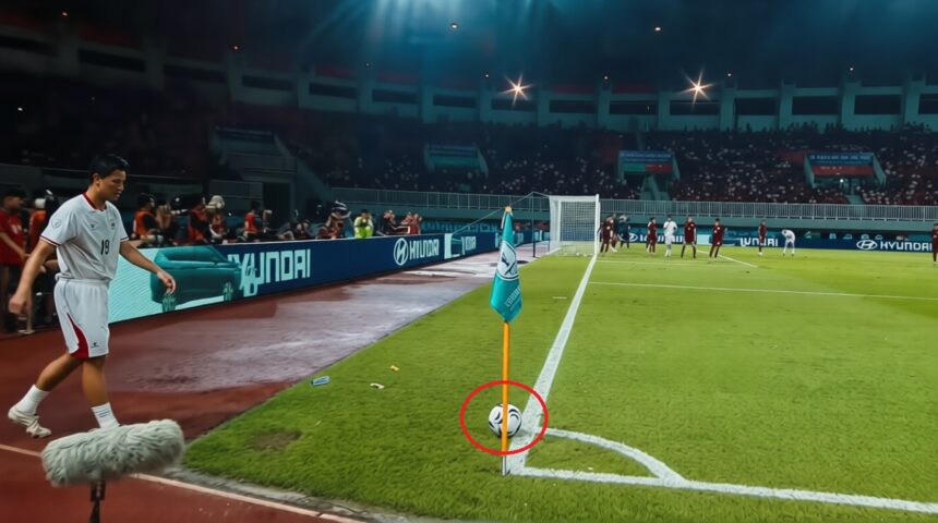 Soccer corner; a ball rests near the flag at the corner of the field with players and spectators in the background.