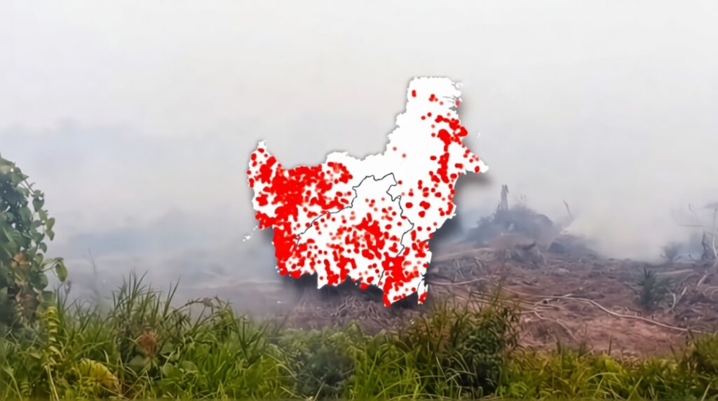 titik sebaran karhutla FIXX - Mabur.co White silhouette of China filled with red hotspot dots, over a smoky burned landscape.