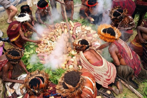 Indigenous people in feather headdresses and body paint gather around a mound of root vegetables while smoke rises from a central fire.