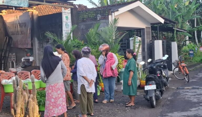 ubilkjnl - Mabur.co Group of people in hijabs and casual clothing stand near a street market stall with baskets and plants outside a small building; a motorcycle and bicycles are parked nearby.