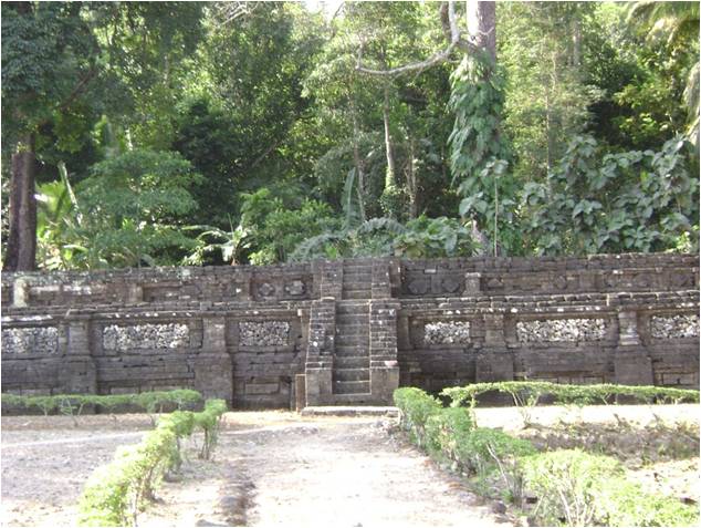 Stone step stairway flanked by low walls in a tropical garden or ruin setting, with dense jungle behind.