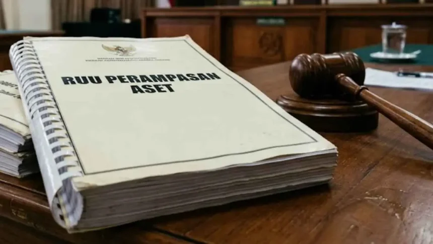 A large legal document titled 'RUU PERAMPASAN ASET' on a wooden table next to a judge's gavel in a courtroom setting.