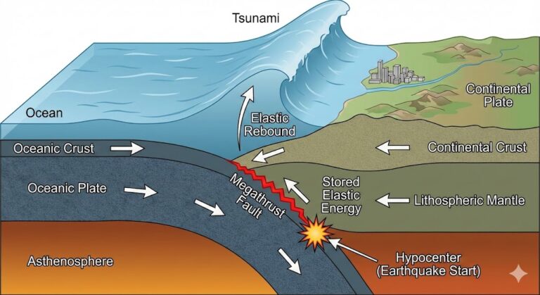 Cross‑section of a subduction zone: oceanic plate sinks beneath continental crust, with a megathrust fault, elastic energy buildup, and a tsunami wave forming near the coast (labels show crust and mantle).