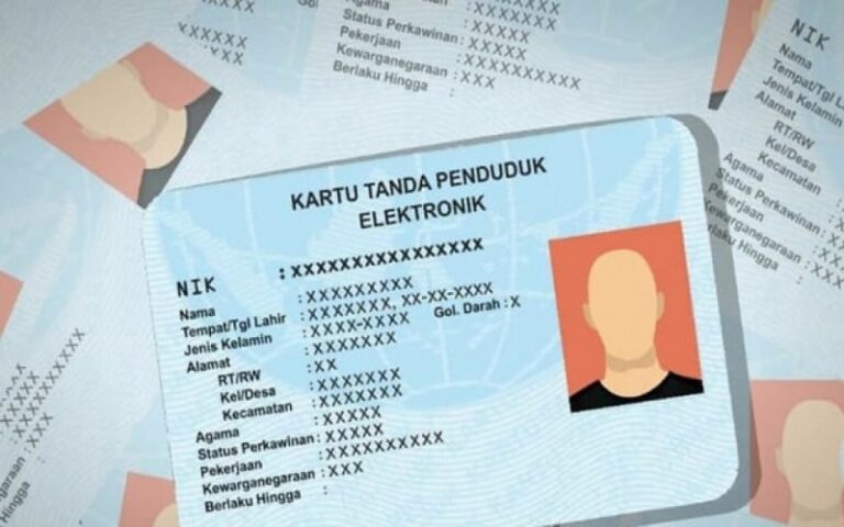 Indonesian electronic ID card (e-KTP) showing a placeholder portrait and blurred personal fields.