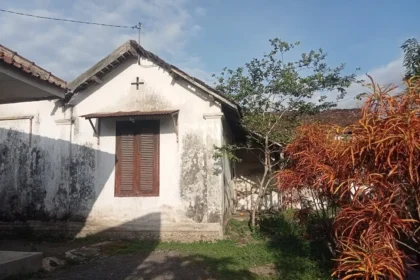 Small white cottage with a cross on the gable, brown wooden shutters, and weathered walls, set in a garden with a red-orange shrub and a tree against a blue sky.
