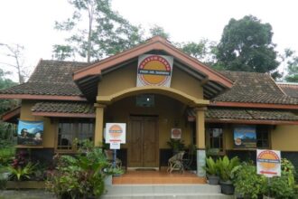Front view of a small museum building with yellow walls, red-tiled roof, and a circular sign above the entrance.