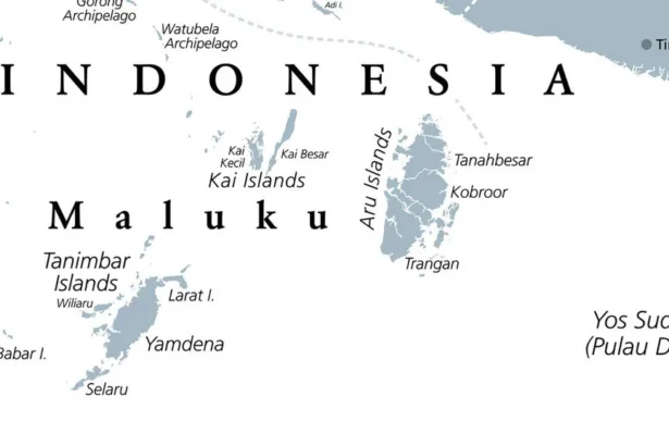 Map fragment showing the Maluku region of Indonesia with labeled islands such as Kai Islands and Aru Islands on a white background.