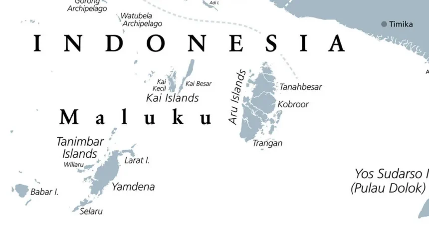 Map fragment showing the Maluku region of Indonesia with labeled islands such as Kai Islands and Aru Islands on a white background.