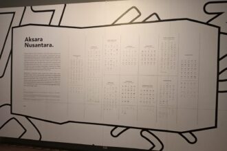 Exhibit panel titled 'Aksara Nusantara' showing a layout of multiple script samples with descriptive text on the left.