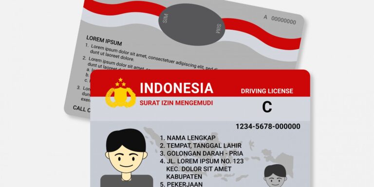 wsaA - Mabur.co Indonesian driving license card with red header and emblem, text 'INDONESIA DRIVING LICENSE' and a portrait on gray background.