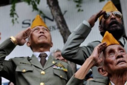 Veterans in olive uniforms salute during a ceremony, wearing yellow/gold caps.