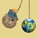 Cartoon of a Trump look-alike sitting on a large brown wrecking ball, swinging toward a globe hanging by a chain, implying a threat to the world.