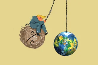 Cartoon of a Trump look-alike sitting on a large brown wrecking ball, swinging toward a globe hanging by a chain, implying a threat to the world.