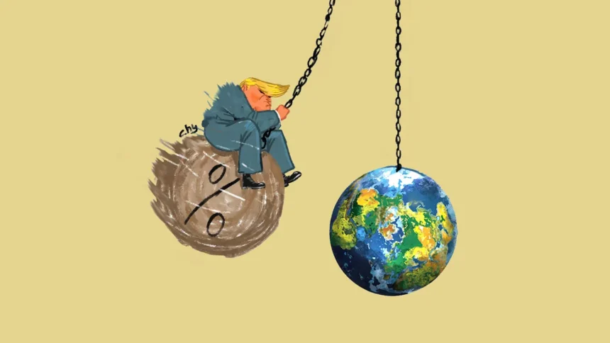 Cartoon of a Trump look-alike sitting on a large brown wrecking ball, swinging toward a globe hanging by a chain, implying a threat to the world.